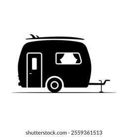 Caravan icon. Camper, surfboard. Black silhouette. Side view. Vector simple flat graphic illustration. Isolated object on white background. Isolate.