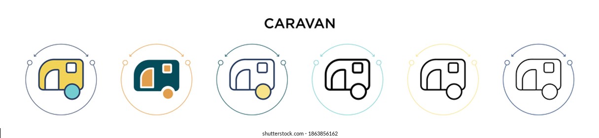 Icono de caravana en estilo relleno, delgado, contorno y trazo. Ilustración vectorial de dos diseños de iconos vectoriales de caravanas de color y negro se pueden utilizar para móviles, ui, web