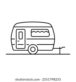 Ícone da caravana. Motorhome, campista, trailer. Silhueta linear com contorno preto. Traçados editáveis. Vista lateral. Ilustração gráfica plana simples vetorial. Objeto isolado no plano de fundo branco. Isolar.