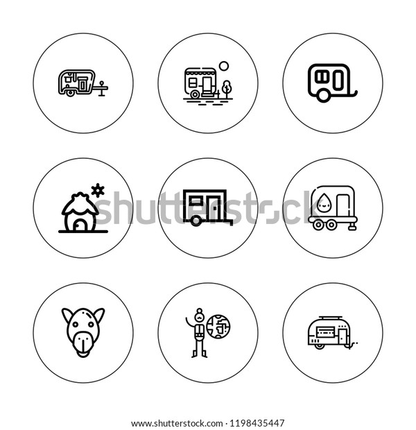 Caravan icon set.\
collection of 9 outline caravan icons with cabin, caravan, camel\
icons. editable icons.