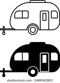 Caravan icons. Black and White Vector Motorhome Icons. Car Trailer, Camper, Motorhome. Camping and Tourism Concept