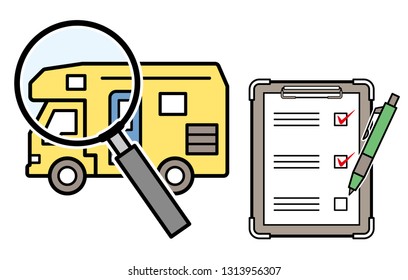 caravan and magnifying glass and checklist