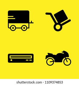 caravan, motorcycle, box trolley and dvd player vector icon set. Sample icons set for web and graphic design