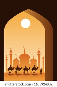 caravan Muslim ride camel to mosque