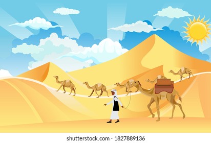 Caravan of nomad arabians on camels walking among sand barhans  in desert vector.