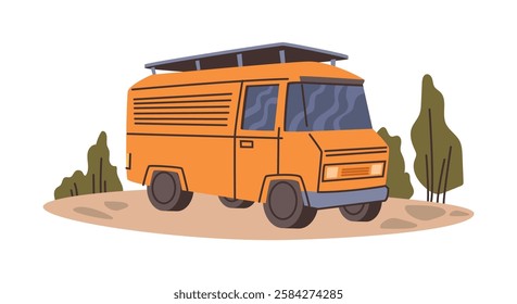 Caravan for passengers, isolated RV car for traveling long distance. Vector modern camper with conveniences for travelers. Trailer life, bus or big automobile with space for sleep. Vehicle on road