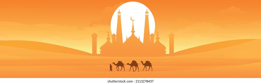 The caravan passes near the mosque at sunset