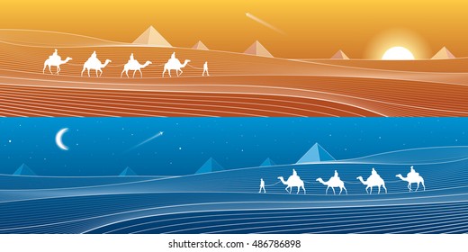 Caravan passes through the sand desert, dunes, pyramids on the horizon, white lines on blue background, day and night panorama, vector design art