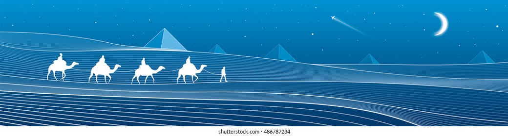 Caravan passes through the sand desert, dunes, pyramids on the horizon, white lines on blue background, night panorama, vector design art