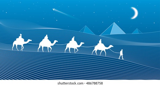 Caravan passes through the sand desert, dunes, pyramids on the horizon, white lines on blue background, night scene, vector design art