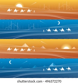 Caravan passes through the sand desert, dunes, pyramids on the horizon, mosques and minarets, white lines on blue and orange background, day and night panorama, vector design art