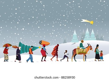 caravan of people of different races across the snowy mountains carrying a Christmas tree.