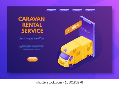 Caravan rental service vector landing page layout. RV sharing. Camping holiday for family web banner. Outdoor activity. Trailer online booking system cartoon isometric illustration. Vacation on nature