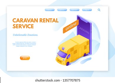 Caravan rental service vector landing page layout. RV sharing. Camping holiday for family web banner. Outdoor activity. Trailer online booking system cartoon isometric illustration. Vacation on nature