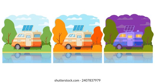 Caravan rv. Camper trailer for summer holiday travel. Caravan camping. Camping tent. Mobile house roof solar panels.Electric vehicles renewable energy resources.Road trip.