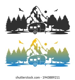 Caravan Scene with Mountain Illustration. Camp Life Forest Vector Design Silhouette.