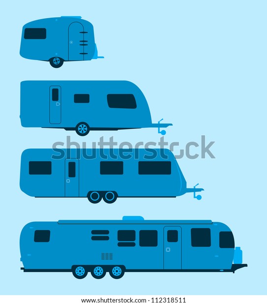 Caravan Silhouette - Several mobile homes\
illustration in blue\
colors