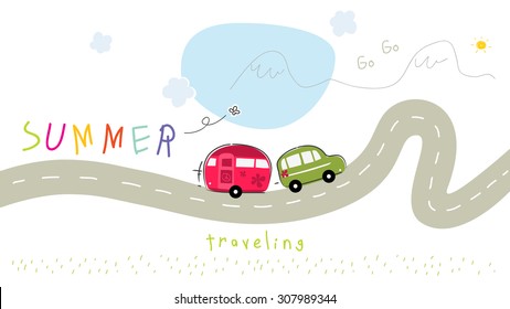 Caravan summer vacation travel. Road trip creative vector illustration.