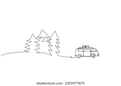 caravan suv travel trip nature pine trees lifestyle line art design