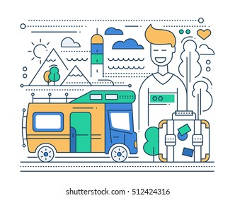 Caravan tourism - vector line flat design illustration with trailer home and happy male tourist