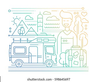 Caravan tourism - vector simple line flat design illustration with trailer home and happy male tourist - color gradient