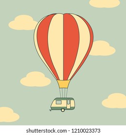 Caravan (towed trailer) connected to an air balloon flying in the sky - Flat style vector illustration representing the concept of total freedom and comfort