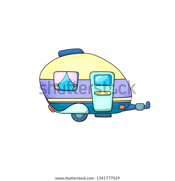 Caravan trailer with door and window. Travel\
vehicle vector illustration on white background. Camper or trailer\
isolated. Cute living trailer for summer travel. Outdoor adventure.\
Travel transport