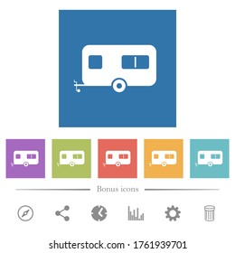 Caravan trailer flat white icons in square backgrounds. 6 bonus icons included.