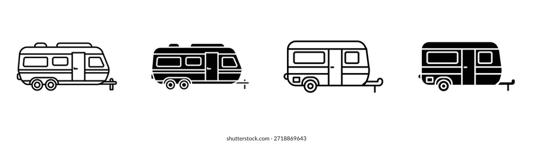 Icono de remolque de caravana en paquete de estilo lineal y Clipart sobre fondo blanco.