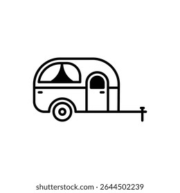 Ícone de reboque de caravana, Contorno de caravana de viagem, Trailer Camping desenhado à mão, Camper RV preto e branco