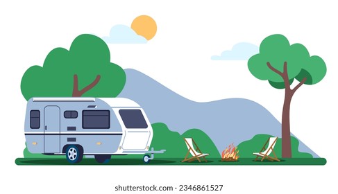 Caravan trailer standing outdoors in woods next to campfire and lounge chairs. Hiking adventure. Automobile camping van. Empty armchairs by bonfire. Summer vacation
