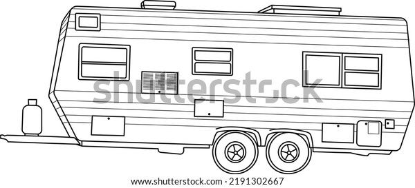 Caravan trailer in vector graphics in linear\
style. Motorhome for\
coloring