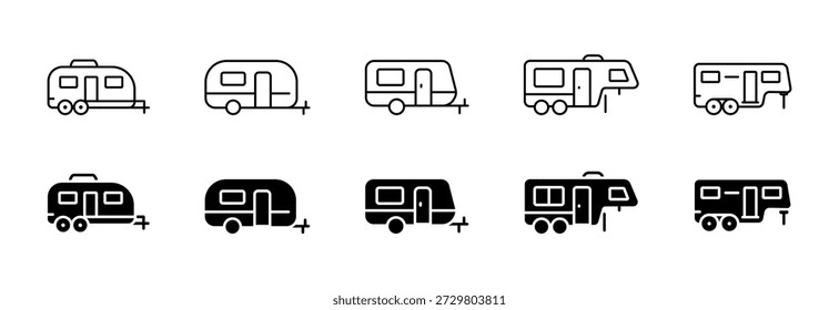 Caravan and trailer vector icon set in outline and solid styles. Camping and RV travel symbols for tourism, vacation, road trip and outdoor lifestyle projects.