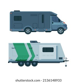 Caravan or Travel Trailer as Towed Behind Road Vehicle Side View Vector Set