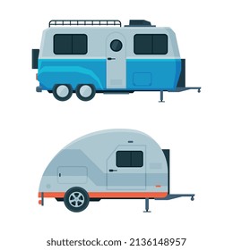 Caravan or Travel Trailer as Towed Behind Road Vehicle Side View Vector Set