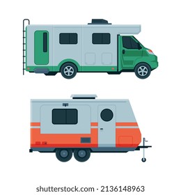 Caravan or Travel Trailer as Towed Behind Road Vehicle Side View Vector Set