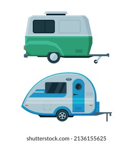 Caravan or Travel Trailer as Towed Behind Road Vehicle Side View Vector Set