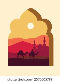 Caravan traveling in sahara desert on arabic windows style vector illustration