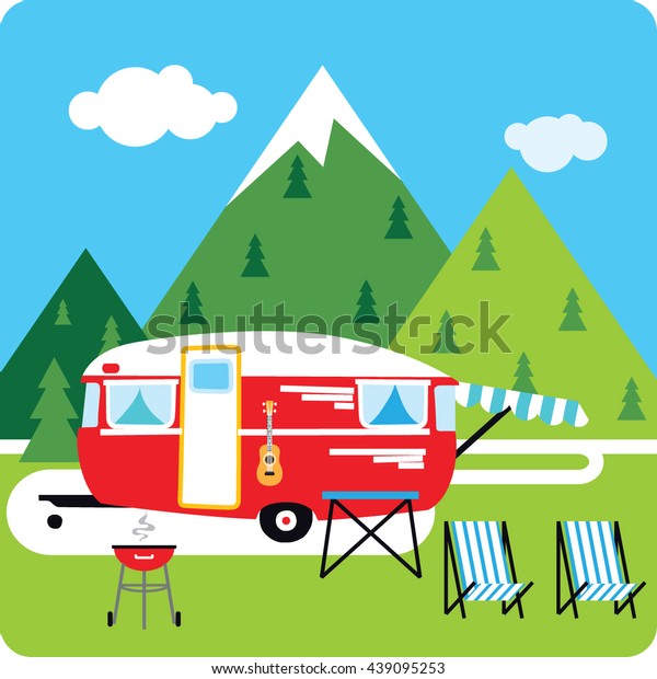 Caravan trip. Camping Grill, guitar, chair\
in mountains. vector illustration.\
