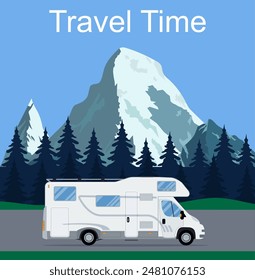 Caravan van driving on the road in the background of rural landscapes. RV Family trip to nature. Camping in the woods mountains in the background. Flat design vector illustration. travel concept