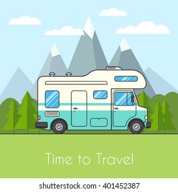 Caravan van driving on the road in the background of rural landscapes. RV Family trip to nature. Camping in the woods mountains in the background. Vector illustration for web design or print