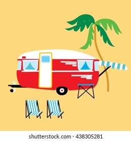 Caravan van. Retro style red van on the beach. Vector illustration