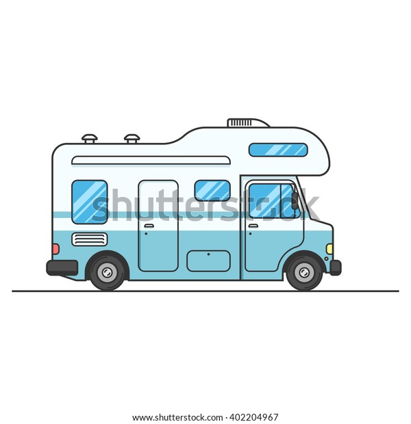 Caravan van sign isolated on white background, RV\
Travel on car. Home truck Family trip. Vector flat illustration for\
web design or print