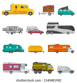 Caravan vector camping trailer and rv caravanning vehicle for traveling or journey illustration transportable set of camp van or tourism transport isolated on white background