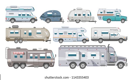 Caravan vector rv camping trailer and caravanning vehicle for traveling or journey illustration transportable set of camp van or tourism transport isolated on white background