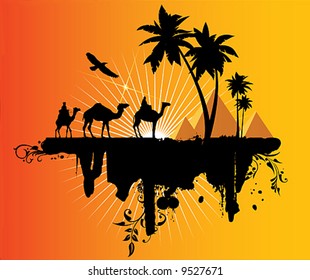 Caravan walking in the desert. Travel concept. Vector illustration.