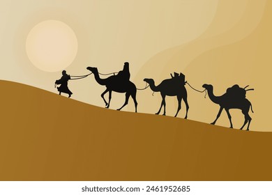 The caravan is walking through the desert. Caravan, camel, sun, sand dunes.