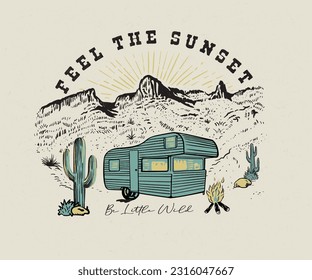 caravan in western desert vector illustration, arizona desert design for graphic print, camping in desert, van life retro vintage design for t shirt, sticker, poster, print