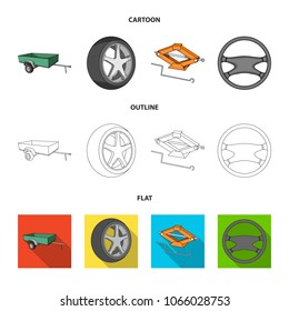 Caravan, wheel with tire cover, mechanical jack, steering wheel, Car set collection icons in cartoon,outline,flat style vector symbol stock illustration web.