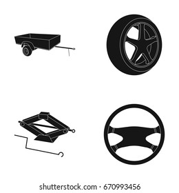 Caravan, wheel with tire cover, mechanical jack, steering wheel, Car set collection icons in black style vector symbol stock illustration web.
